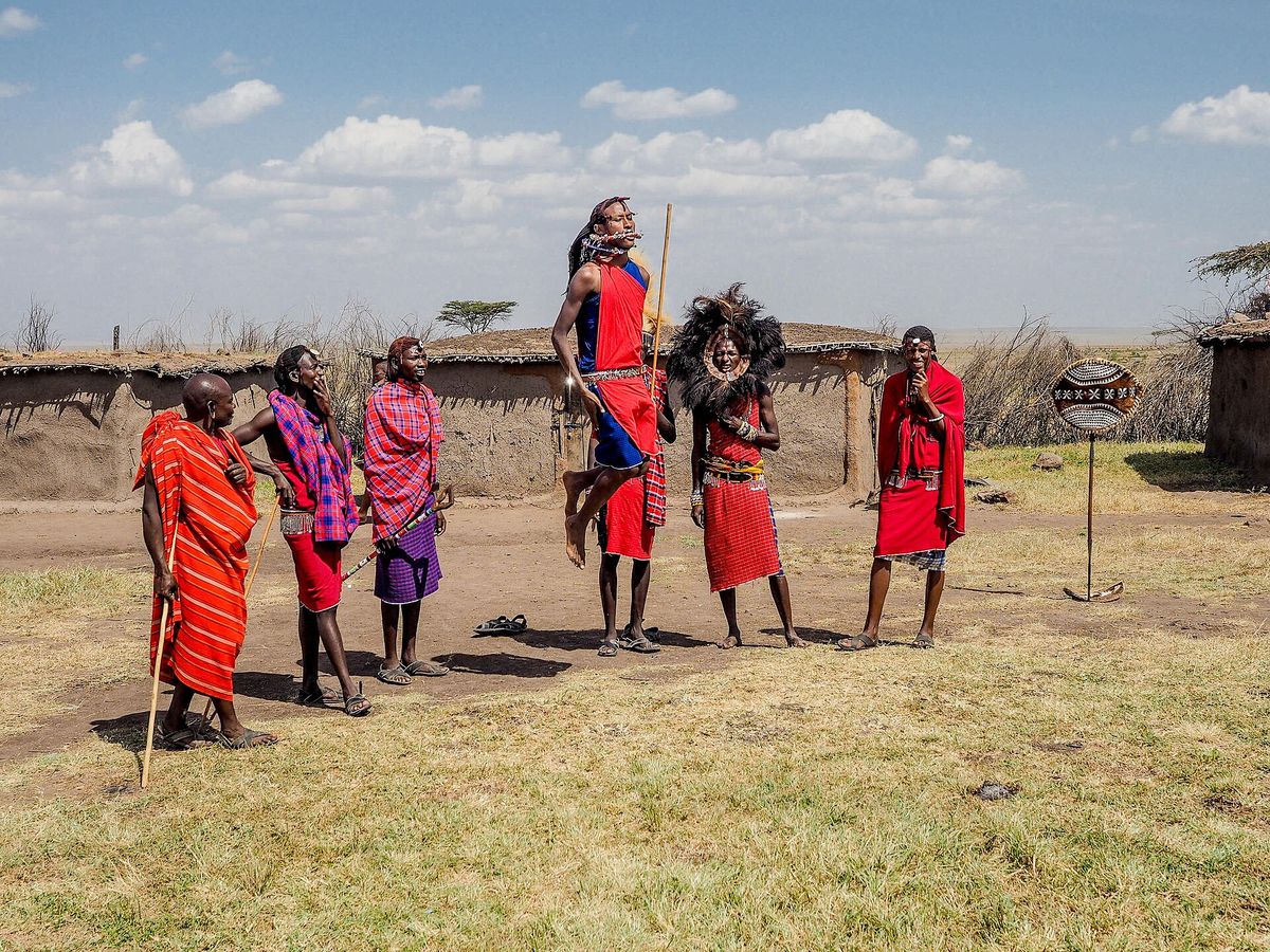 Maasai dancers performing the adumu jump
